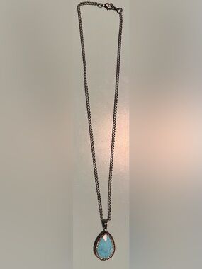 Real Turquoise Crystal Encrusted Teardrop Pendant Necklace in Gunmetal